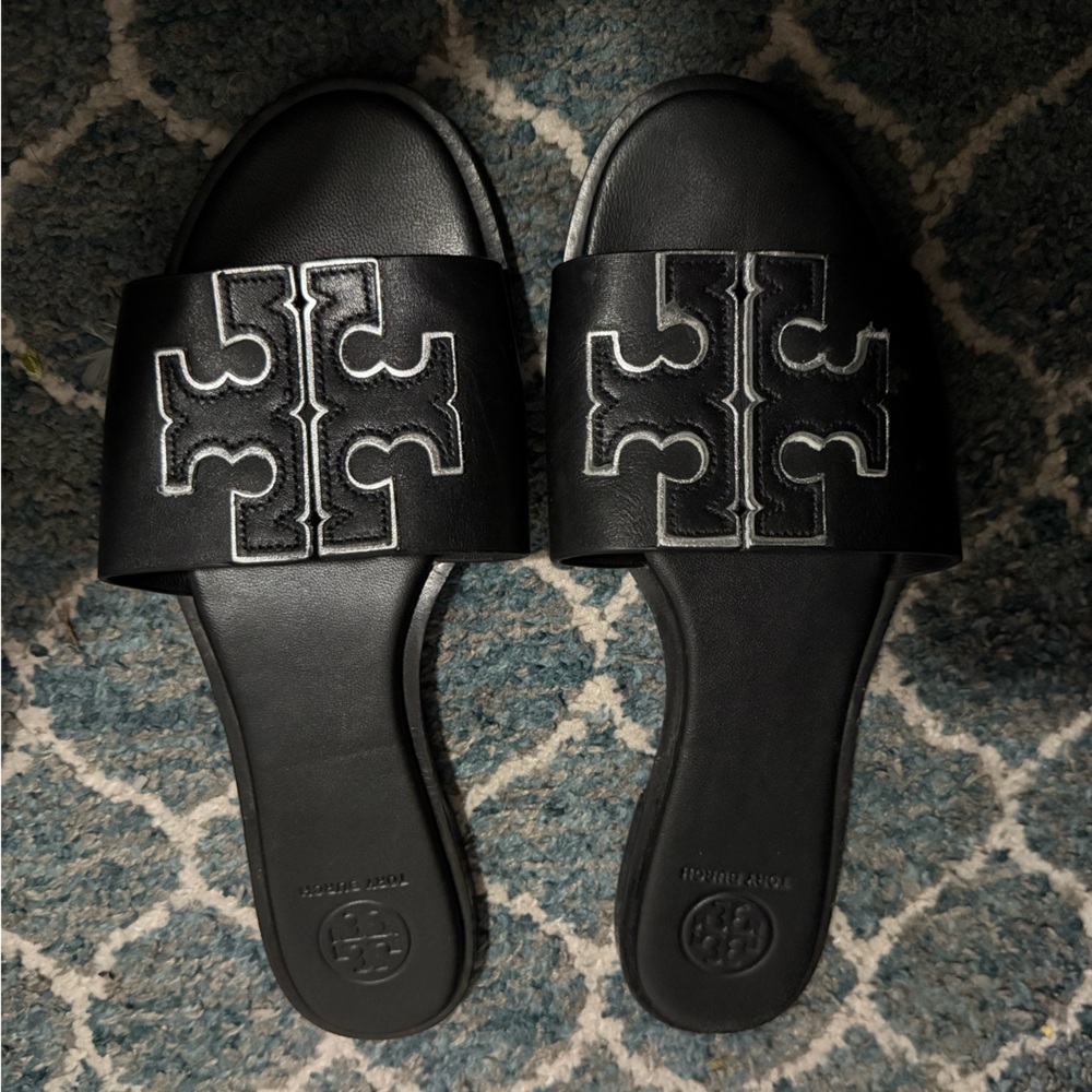 Tory Burch Ines Flat Slides Black w/ Silver Accent